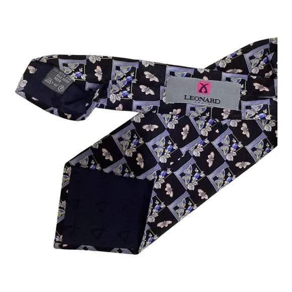 LEONARD PARIS Black Butterfly Print Silk Tie Made In Italy 59-3.75 EX COND